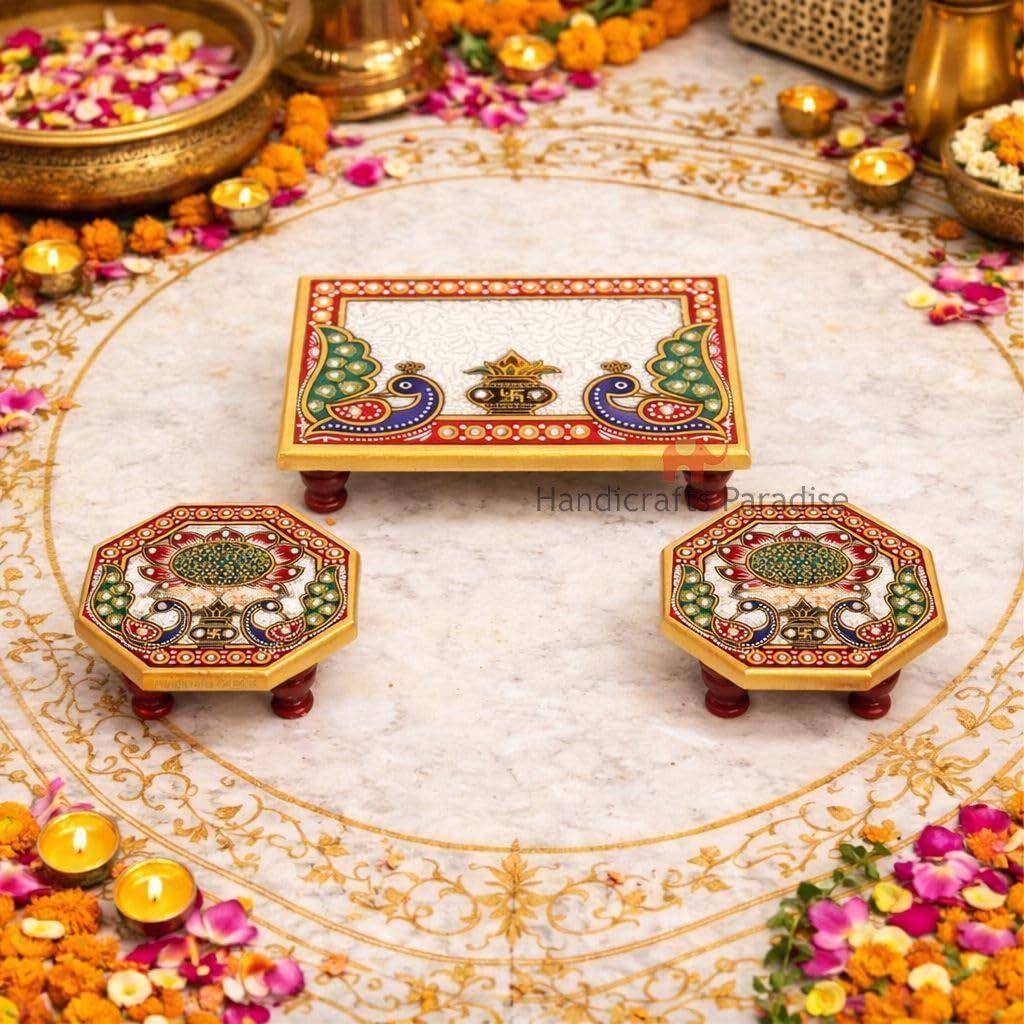 Handicrafts Paradise ( 6 x 4 & 4 x 4 inch, Set of 3Pc Marble Puja Chowki with Intricate Painting for Mandir, Idols Statues Pratima, Bajot