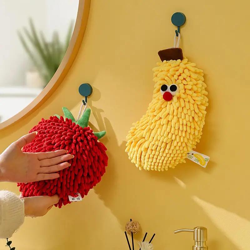 Chenille Cute Hand Towels, Super Soft Water Absorbent Decorative Hand Towels with Hanging Loop,Kitchen Towels, Yellow Banana and Strawberry, 1pc