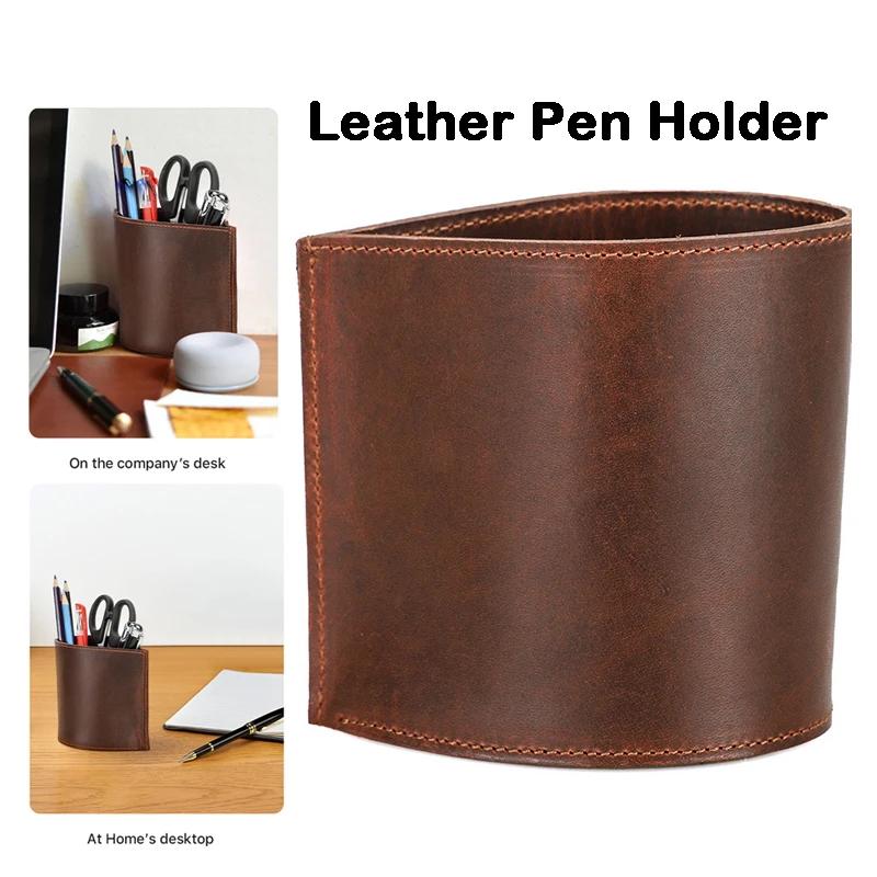 Retro Leather Round Pen Holder Desk Organizer Desktop Sundries Storage Tube Pencil Holder Accessories Office Supplies Stationery