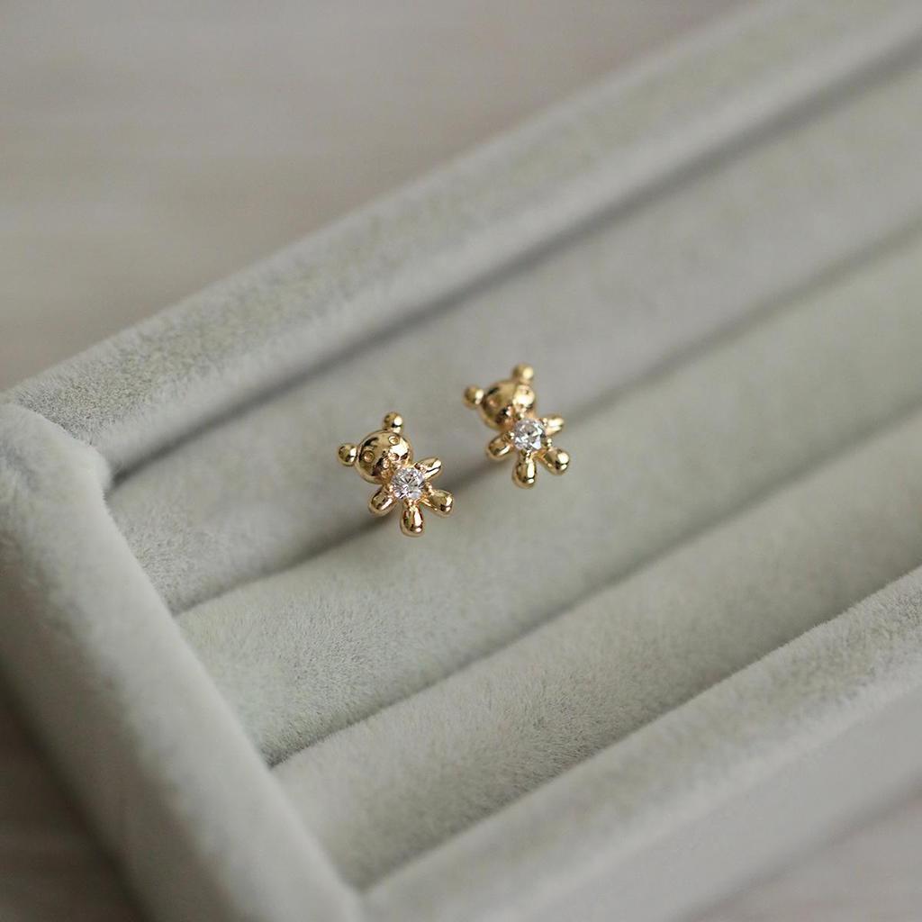 S925 Sterling Silver Gold-Plated Little Bear 3D Stud Earrings - Compact, Cute, and Unique Design