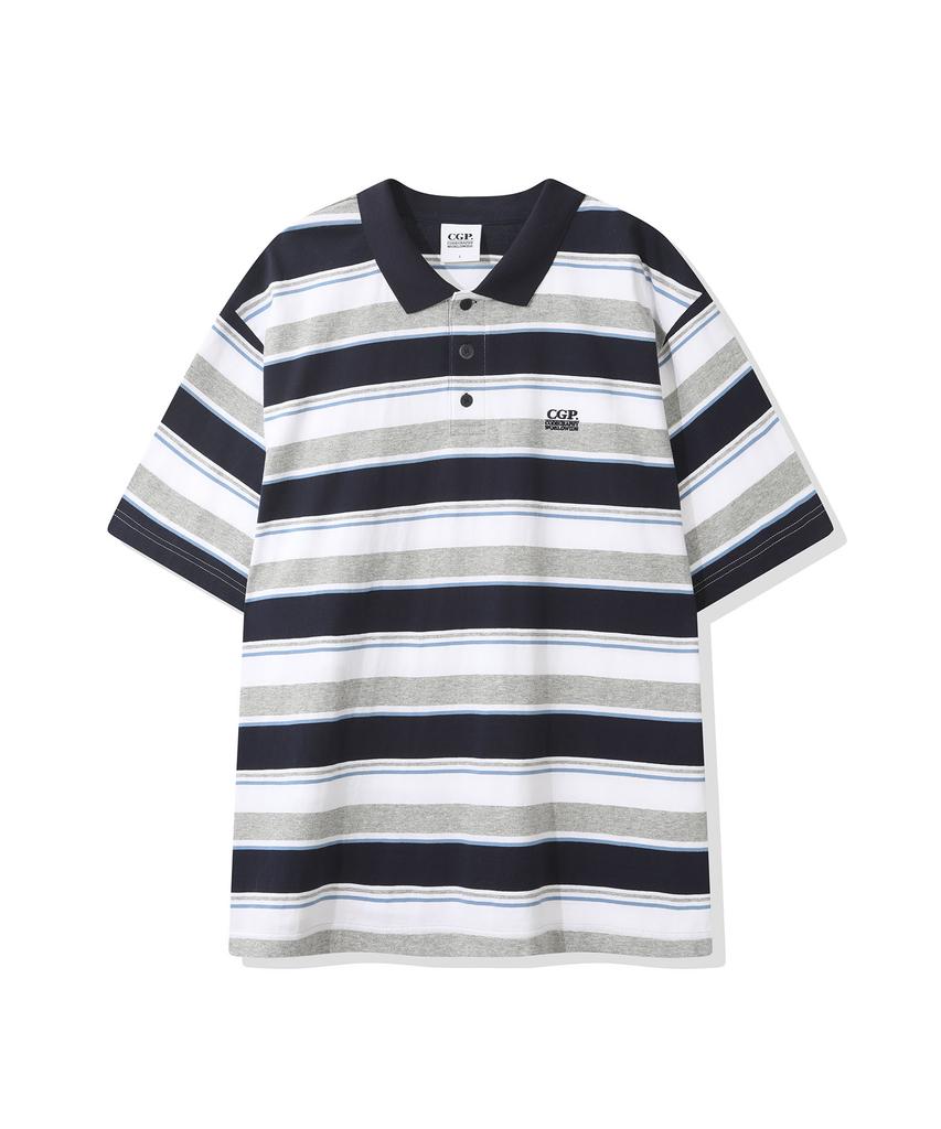 CGP Multi-Stripe Short-Sleeve Collared T-Shirt - Dark Navy
