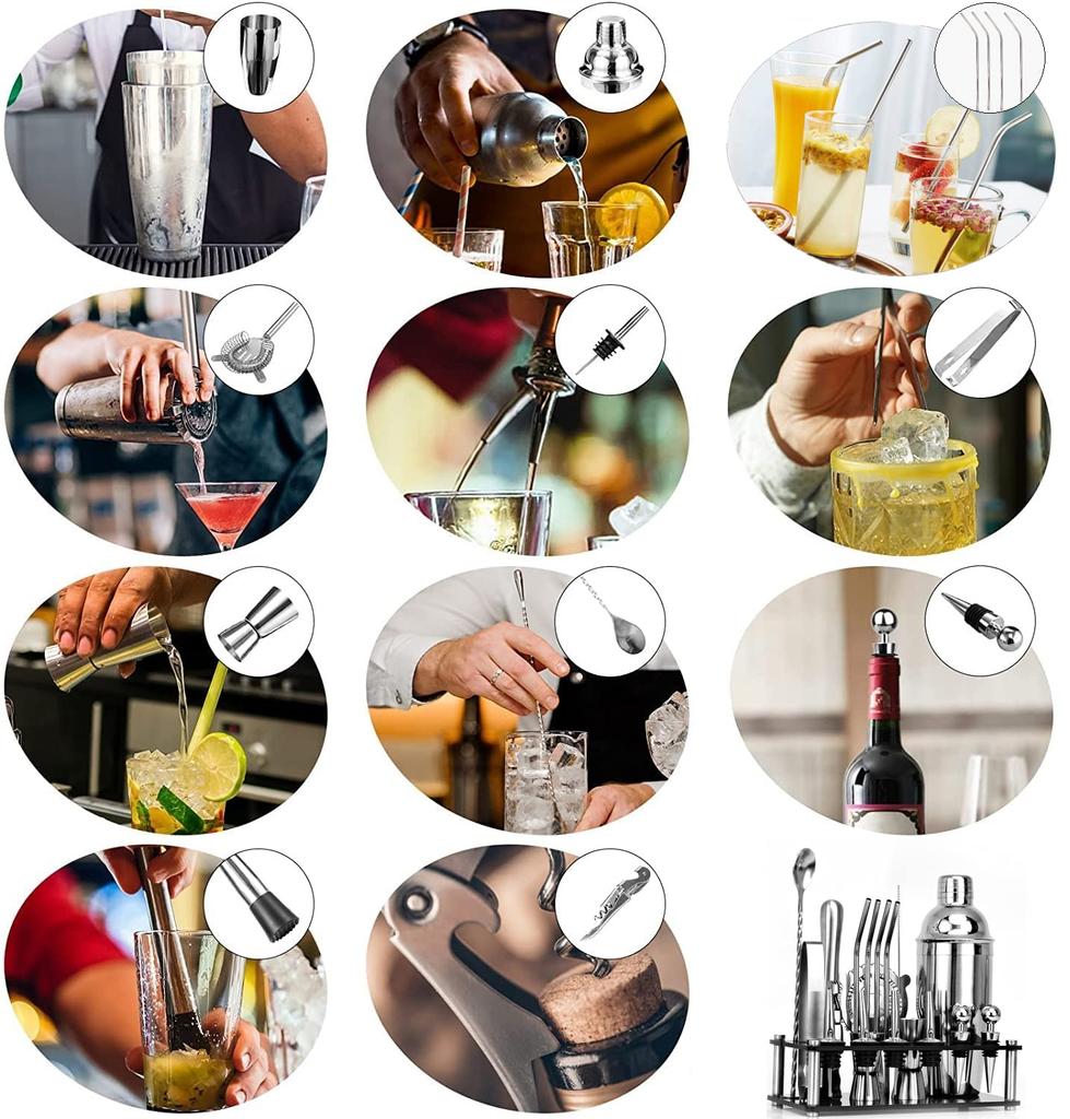 Yoseka Cocktail Shaker 20-Piece Set, 550ml Stainless Steel, Cocktail Set for Bartenders, Beginners, Professionals, and Home Use