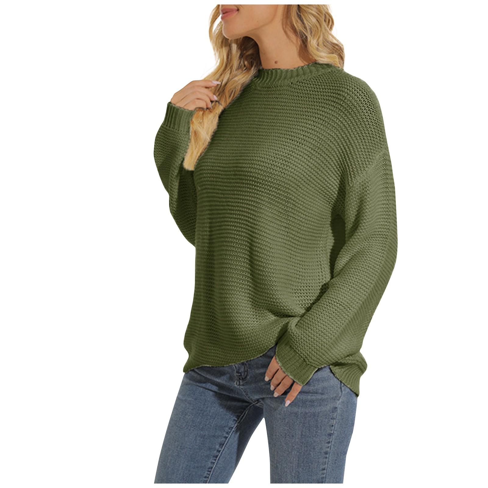 Женский модный однотонный свитер с круглым вырезом и длинными рукавами L армия зеленый 1898₽