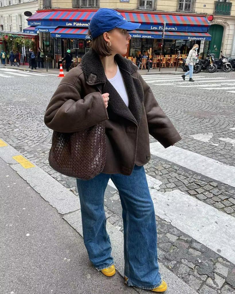 2023 Plus Size Shearling Lapel Jacket for Women - European & American Style Autumn/Winter Fashion