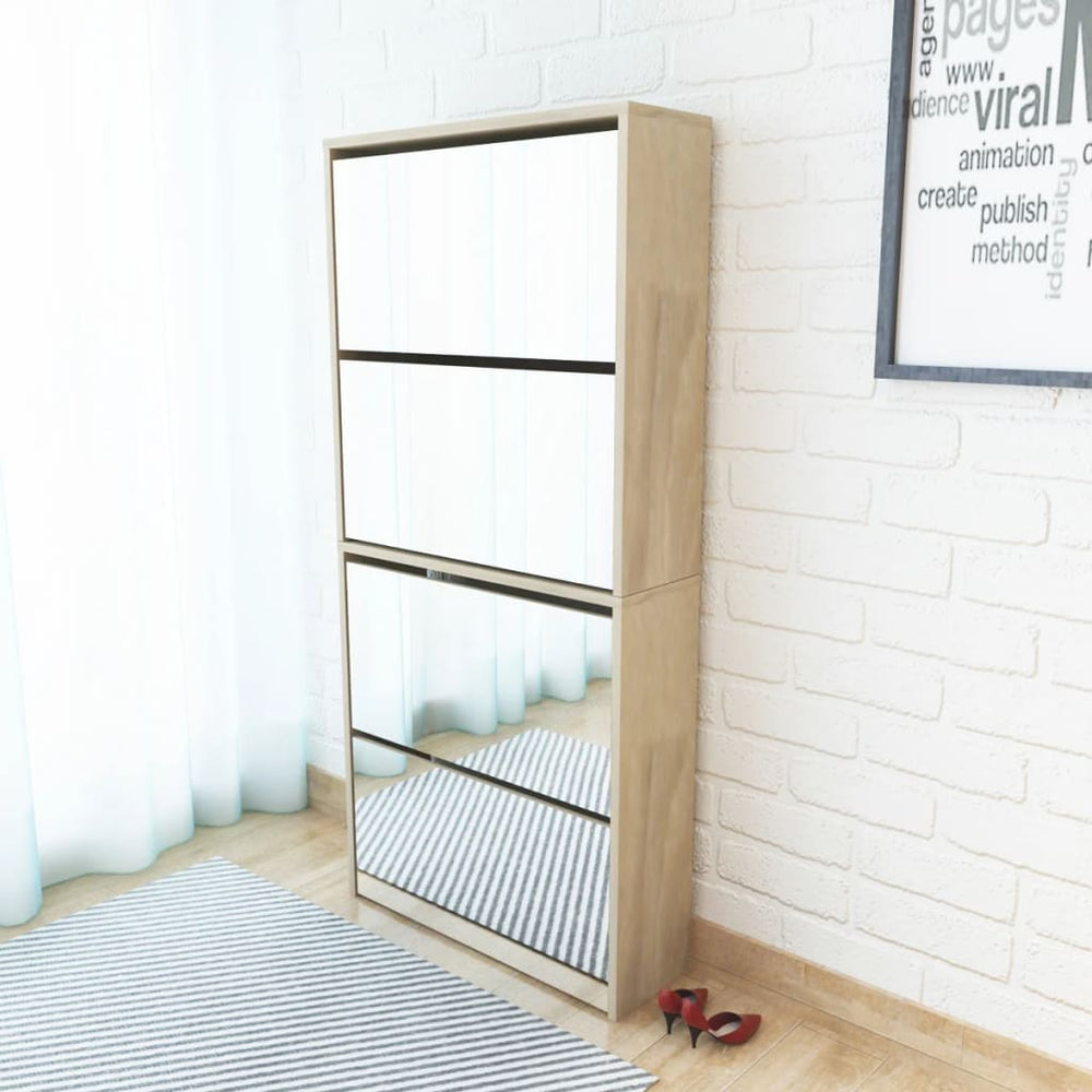 4-shelf Shoe Cabinet with Mirror 63x17x134 Cm Oak