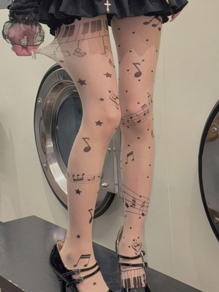 

New Cute Musical Note Print Long Socks Silk Stockings Lolita Sweet Personalized Sheer Tights Women Sexy Thin Bottomed Pantyhose One Size