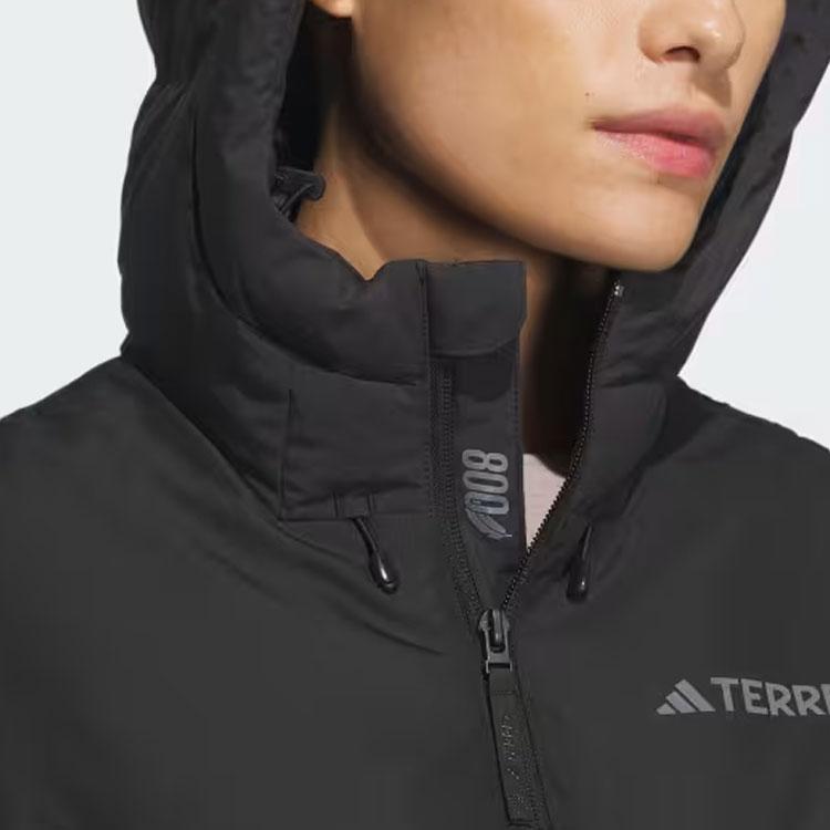 Adidas Goose Down Midweight Puffer Jacket 800 Fill Solid Color Logo Long Sleeve Hooded Down Jacket Women Jacket Black IS0334
