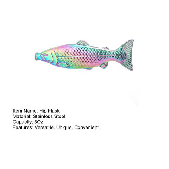 Fiskeformet lommelærke 5 oz Rustfritt stålflaske Lekkasjesikker Sklisikker Lomme-spritflaske for Utendørs Reiser Fiske Camping Fest Drikkeglass