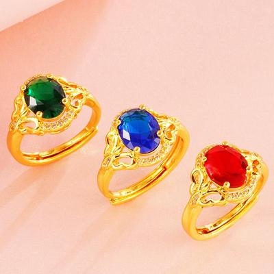Cross-border Micro-Inlaid Colored Zircon Ring - Open Design, Vietnamese Sand Gold, 24k Gold Plated, European & American Fashion.