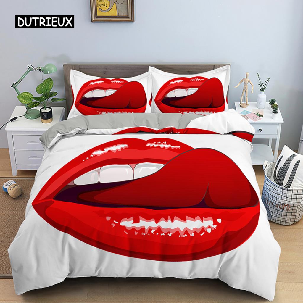 Red Lips Duvet Cover Set 3D Bedding Set Kiss Me Red Lips Bedclothes King Size Quilt Cover Sexy Lips for Women Men Bedroom Decor