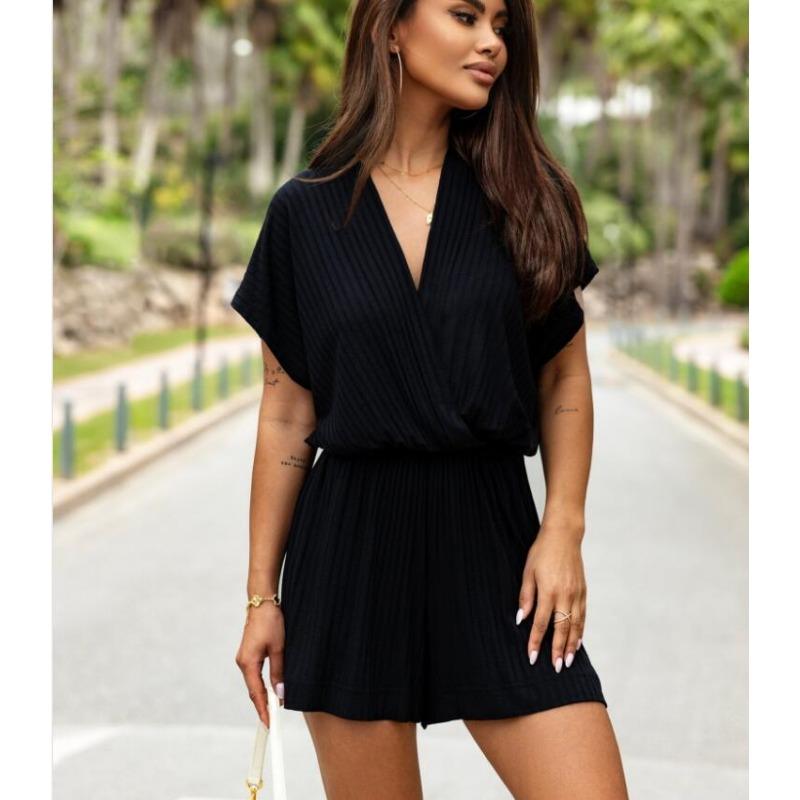 Dámský letní jednobarevný overal s výstřihem do V, jednoduchý v pase, ležérní