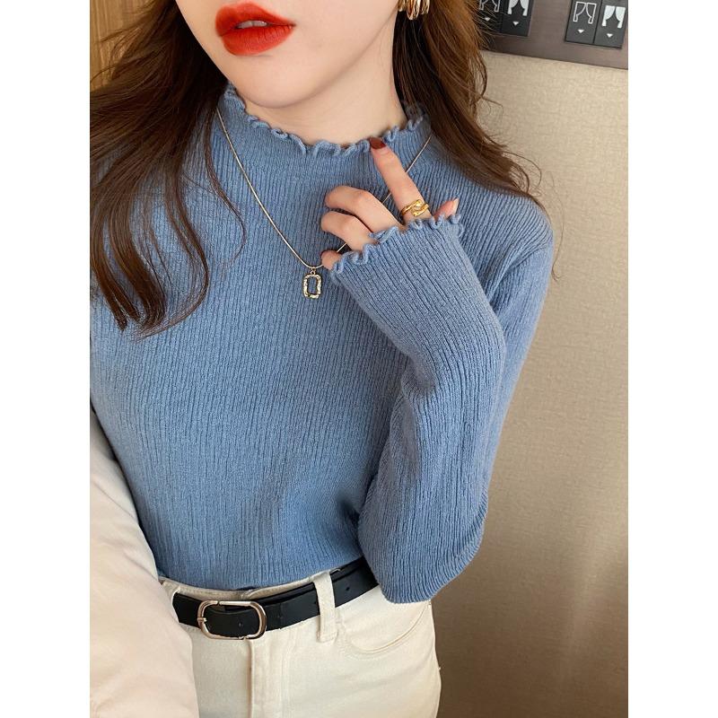Fungus Edge Base Shirt Women's New Autumn and Winter Underwear with Black Semi-turtleneck Sweater and White Winter Knitted Top