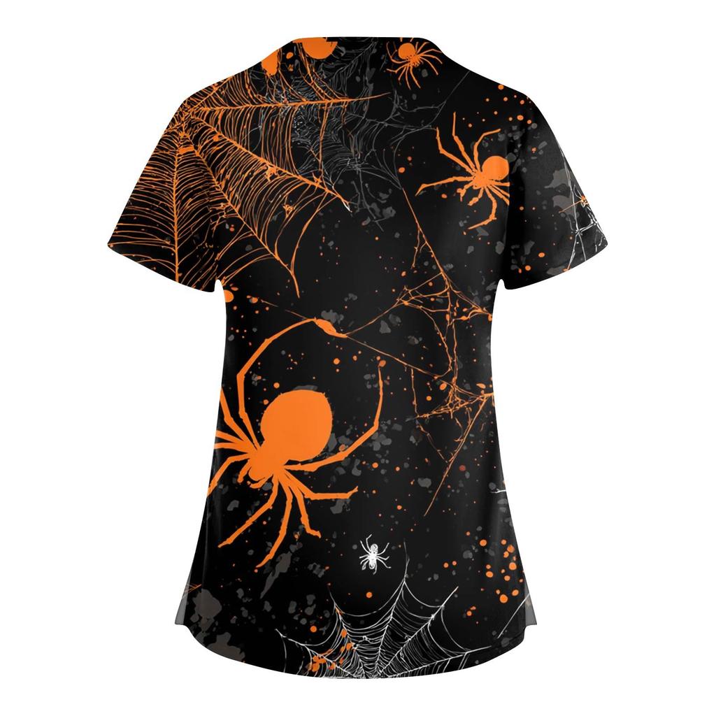 Women's Fashion Cross V Neck Short Sleeve Overalls Double Pockets Halloween Printed Tops Uniforms
