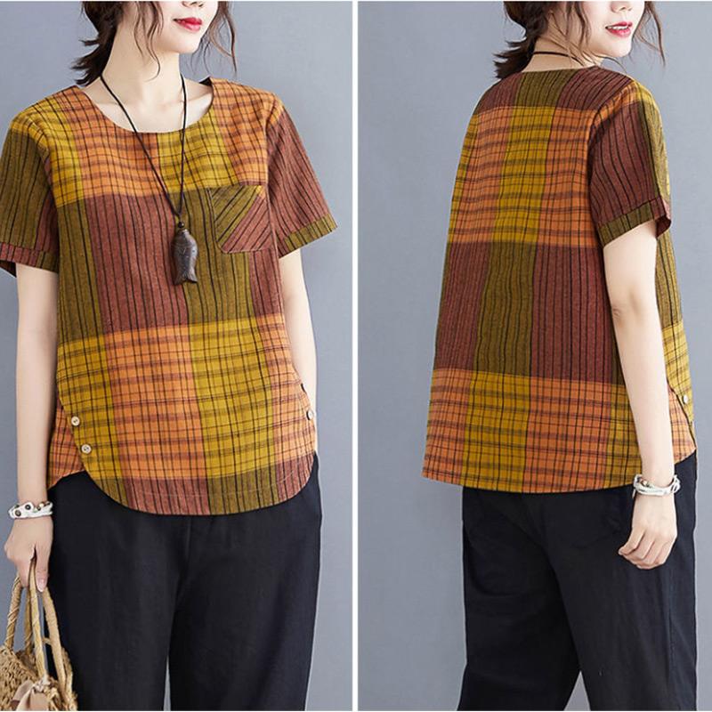 Cotton Linen Retro Literary Top Summer Plaid Loose Girls T-shirt All-match Fashion Short-sleeved Gown