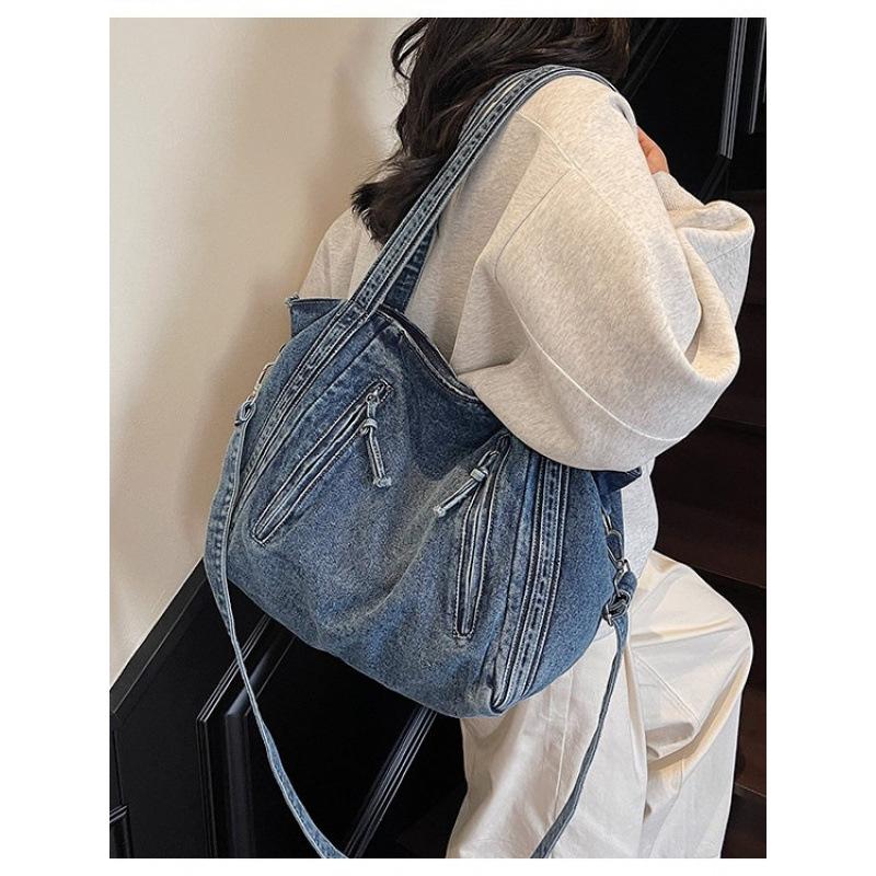 Korean Large Capacity Lazy Style Denim Tote Bag for Women, 2026 New Vintage Commuter Single Shoulder Bag