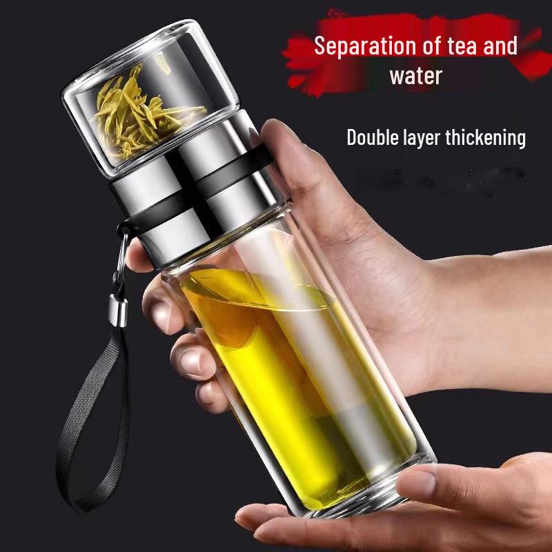 Men's Portable Double-Layer High Borosilicate Glass Cup with Custom Logo and Rope Handle