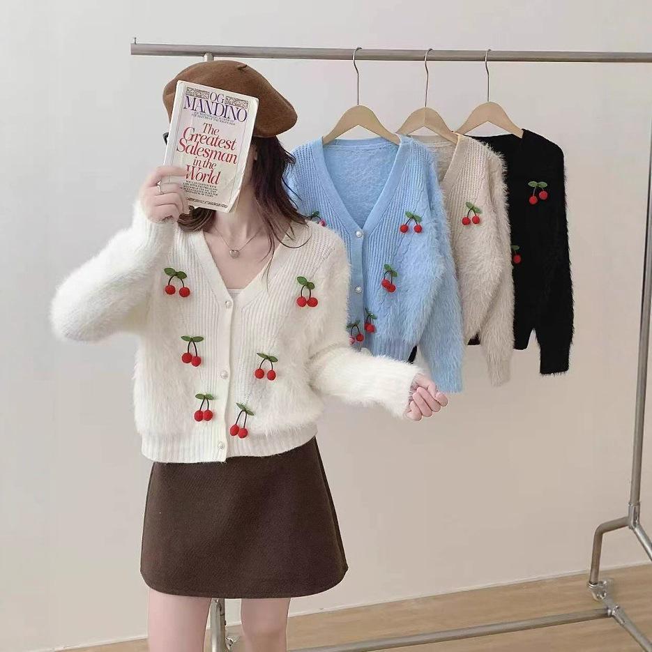 Elegant V-neck Knit Cardigan with Faux Mink Fur and Cherry Design