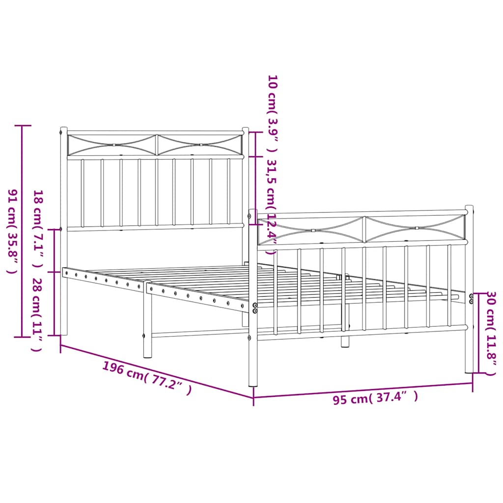 Metal Bed Frame with Headboard and Footboard White 90x190 cm