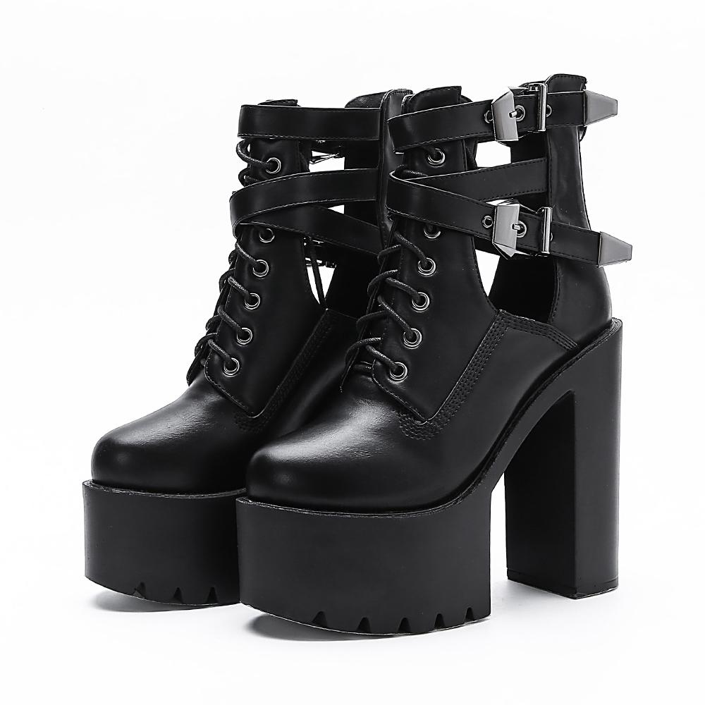 Womens Boots for Nightclub Shoes High Heels Hollow Out Ankle Boots Platform Heels Gothic Black Leather Short Boots for Lady