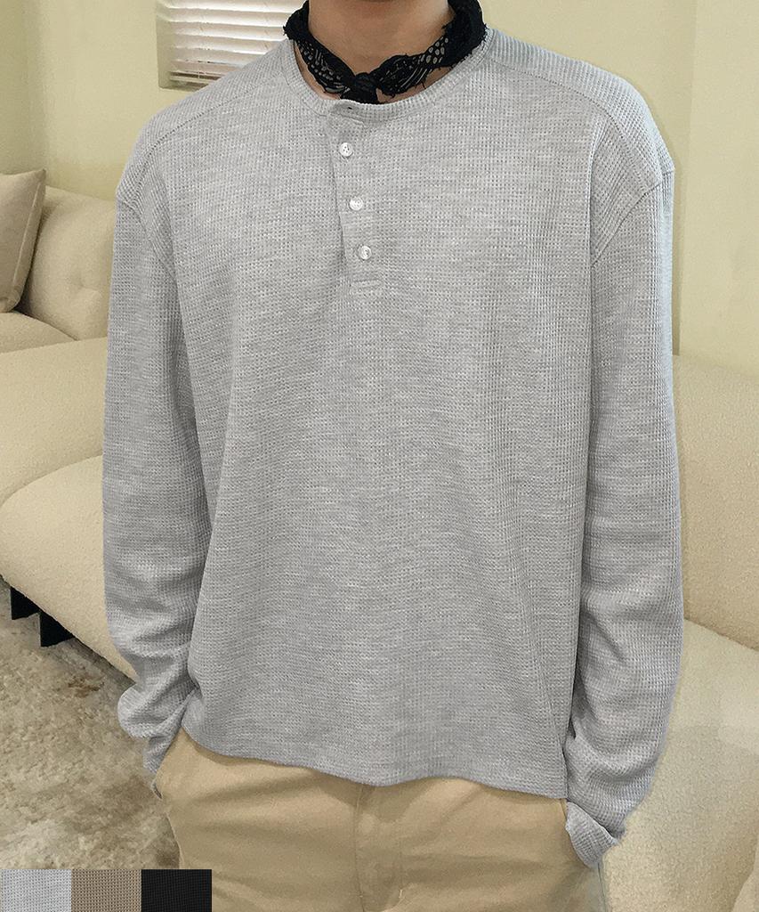 INTEMPOMOOD Slant Button Waffle Henley Neck: 3 Colors