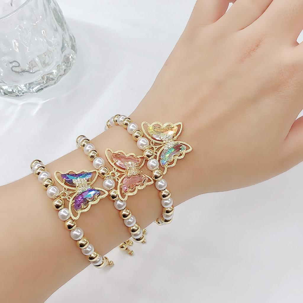 Luxury Butterfly Crystal Zircon Copper Bead Pearl Chain Bracelet Charming for Women Girls Daily Party Wrist Jewelry Wholesale