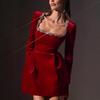  Spring Women's Elegant Velvet Dress with Diamond-Studded Square Neck