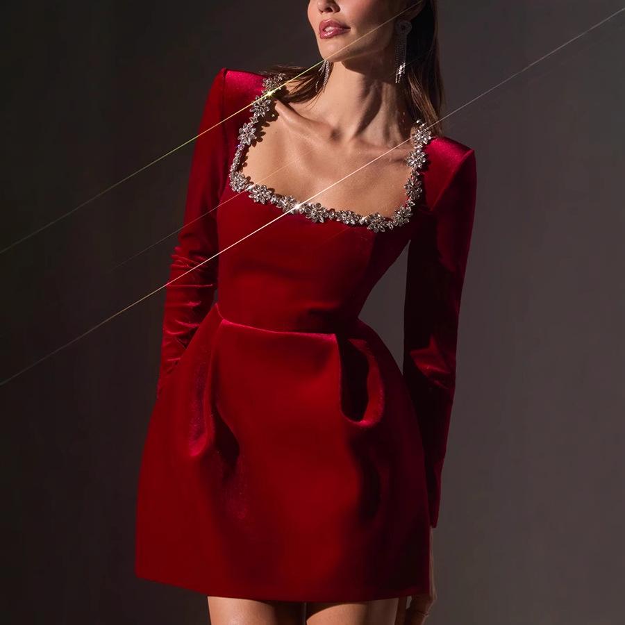 Spring Women's Elegant Velvet Dress with Diamond-Studded Square Neck