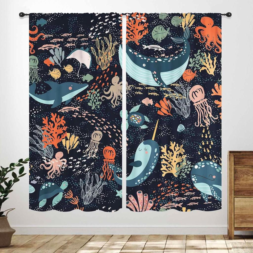 Blue Curtains Kids Room Cartoon Underwater Animals Sharks Turtles Nature Marine Plants Window Drapery Treatments Curtain Polyester Washable Children's