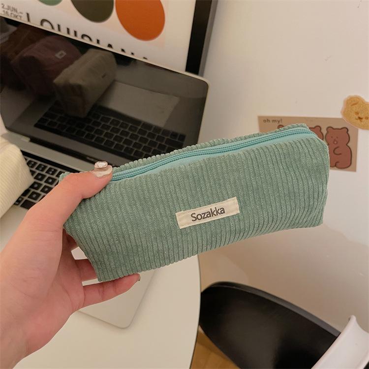 Little White Rabbit Corduroy Pencil Case – Vintage Solid Color Stationery Bag for Students