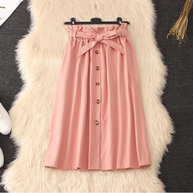 Summer Mid-length Skirt Women's Bud High Waist Single-breasted A-line Over-the-knee Skirt