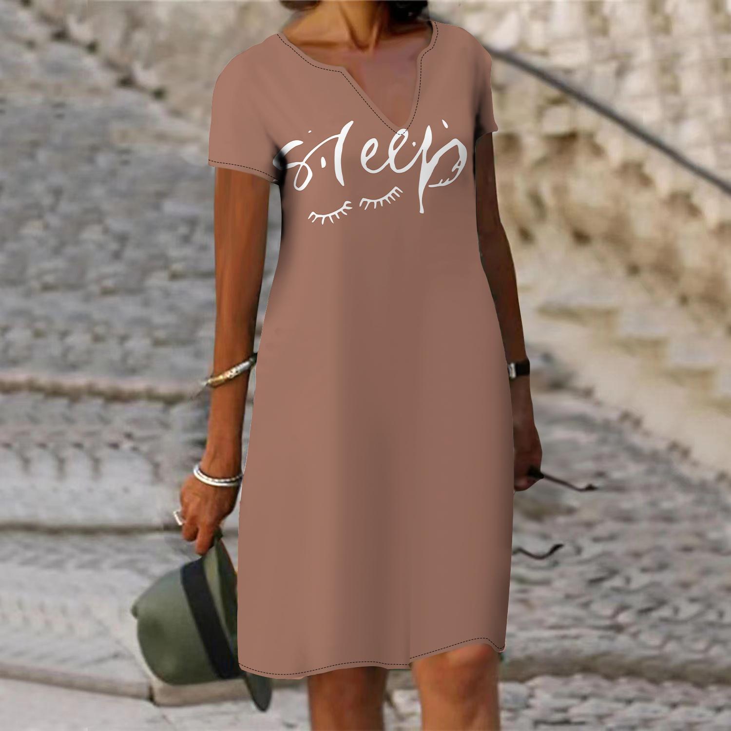 

Летнее модное женское платье с V-образным вырезом, короткое спальное платье с английским принтом, свободное повседневное платье для женщин 8XL коричневый