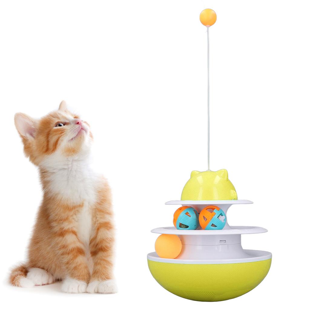 Cat Turntable Toy 2 Level Interactive Exercise Kitten Track Tower Puzzle Toy with Rolling BallYellow