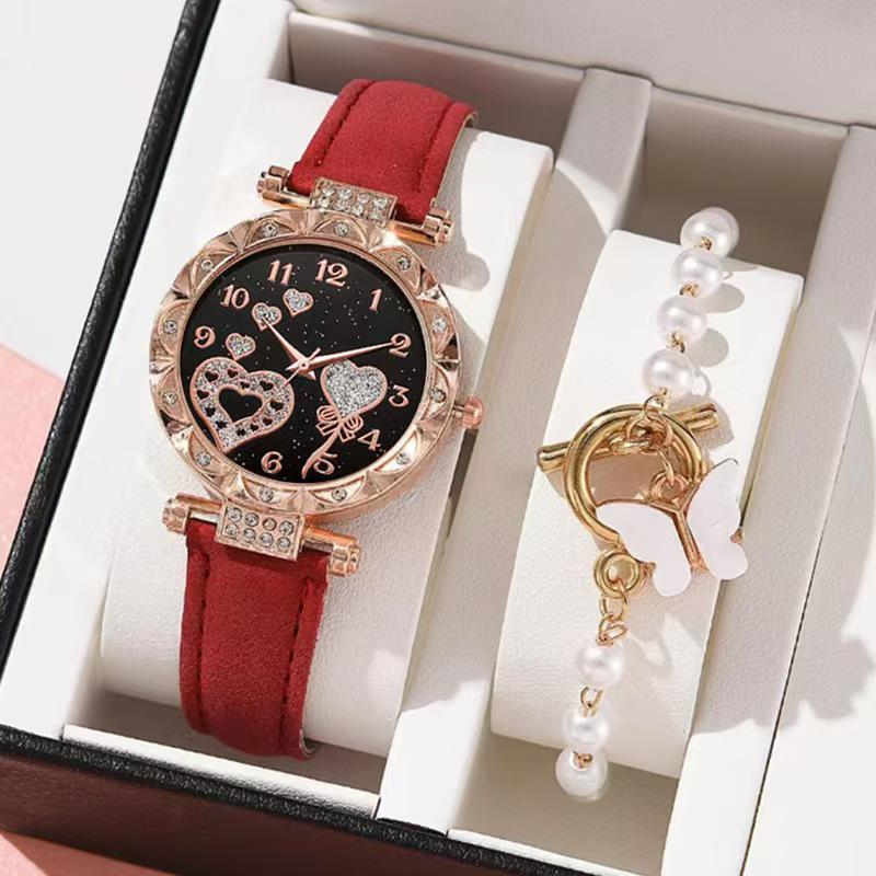 Elegant Crystal Heart Butterfly Bracelet & Leather Strap Quartz Watch with Pink Gemstone Set
