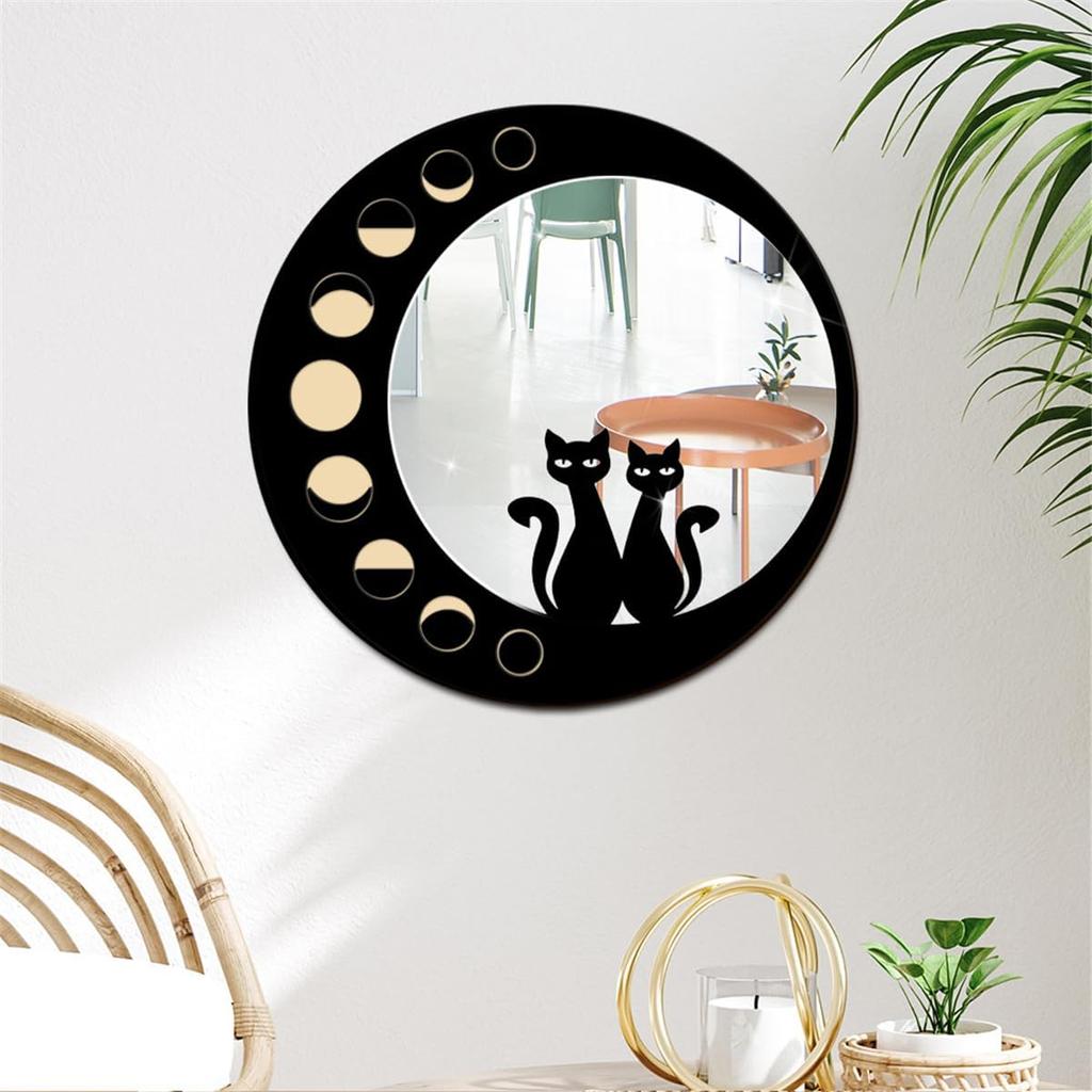 Cat Wood Mirror Wall Decor Art, Cute Cat Wooden Framed Acrylic Mirror Wall Stickers, Boho Black Cats Moon Phase Decorative Mirrors, Wooden Aesthetics