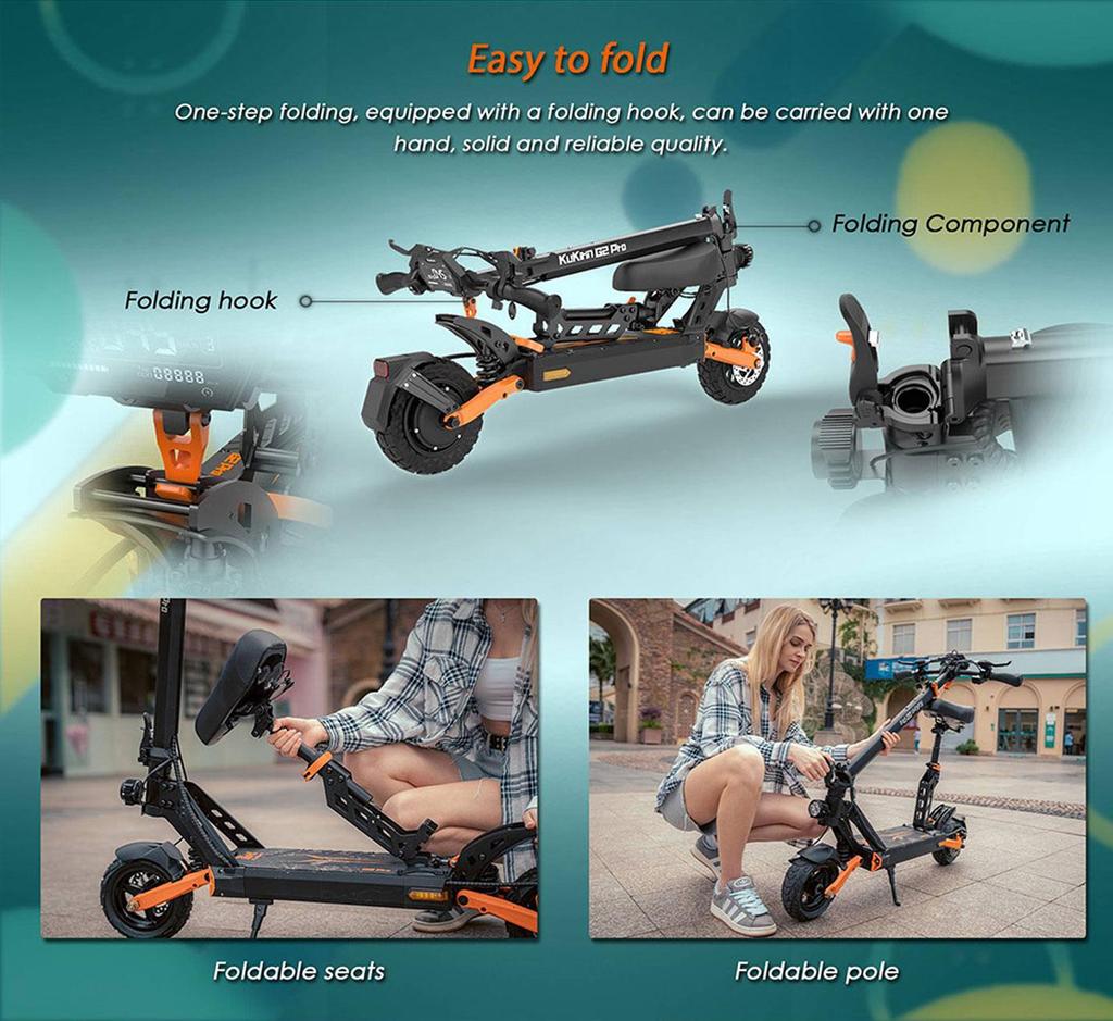 Elektromos roller összecsukható Kukirin G2 Pro 600W motor végsebesség 45Km/h kivehető üléssel 48V 15.6AH hatótáv 58Km terhelhetőség 120Kg