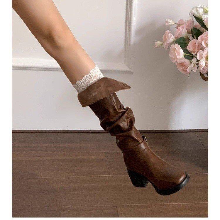 Tall tube can be turned over knee boots autumn versatile knight boots women's 2025 thick heel fold retro fashion buttons new