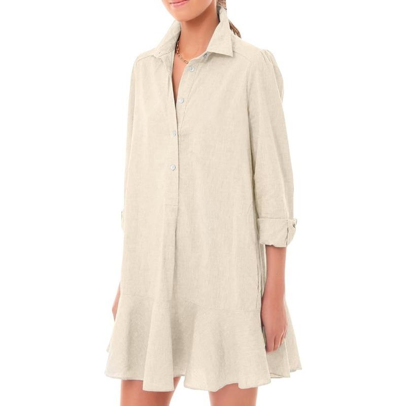 Frühling Sommer Damen Langarm Saum Rüschen Kleider