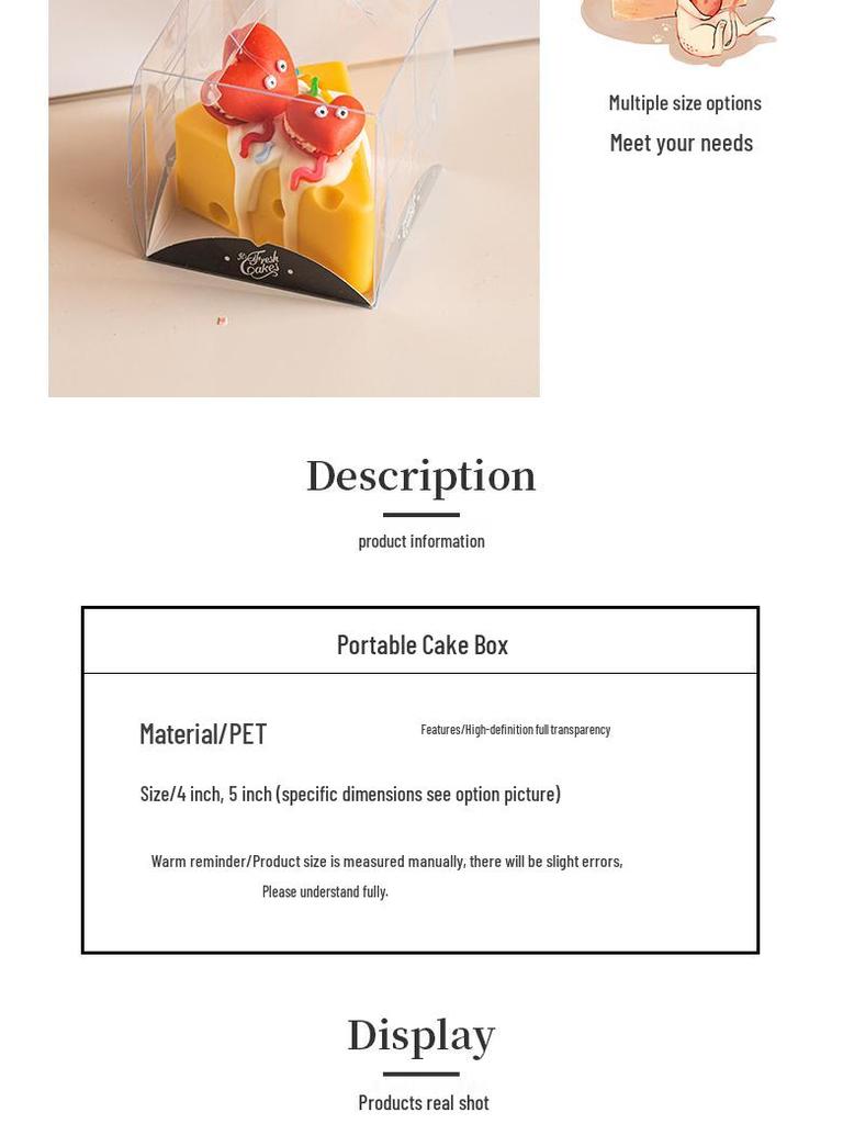 Four-Inch Transparent Cake Box with Handle for 2/3/5/6-Inch Western-Style Pastries