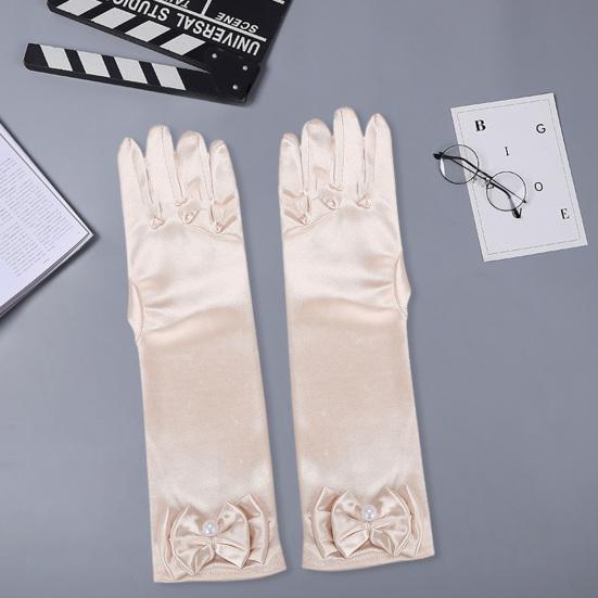 1 Pair Children Performance Gloves Faux Pearl Bow Decor Solid Color Full Fingers Satin Flower Girls Gloves Princess Style Cosplay Gloves