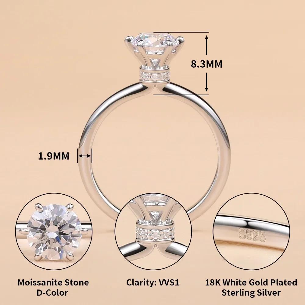 1CT Moissanite Solitaire Ring 925 Silver Lab Diamond Engagement Rings for Women Round Cut D Color VVS1 Wedding Jewelry