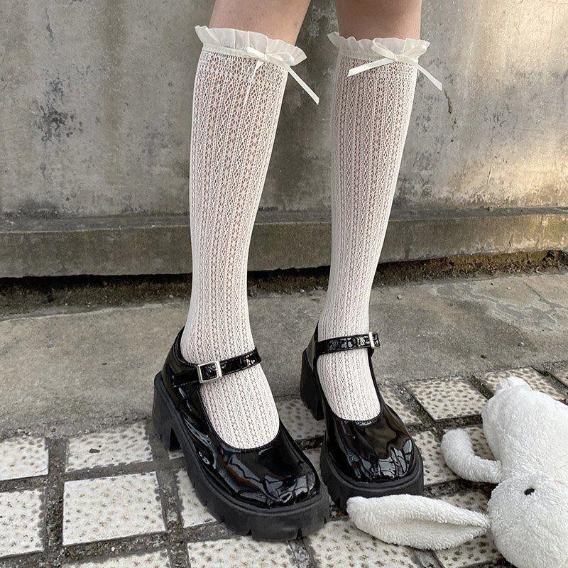 Women's Spring and Summer Ribbon Bow Ballet Style Breathable Lace Lace Mid Calf Socks