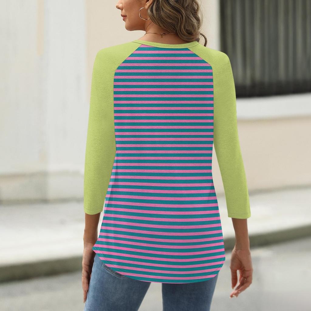 Damen T-Shirt mit Aufdruck, Knopfleiste, 3/4-Ärmel, für den Alltag, Wochenendmode, Basic, V-Ausschnitt, normales Oberteil