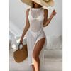 Sexy White Sleeveless Stacked Knitted Hollow High Slit Vest Dress Beach Sun Protection Bikini Cover-up Women
