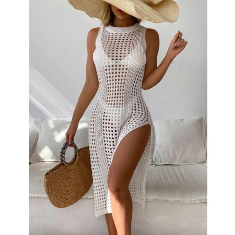 Sexy White Sleeveless Stacked Knitted Hollow High Slit Vest Dress Beach Sun Protection Bikini cover-up Women