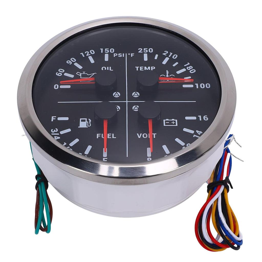 110mm 4 3/8in 4 in 1 Multifunction Gauge DC 12V 0-150PSI Oil Pressure Fuel Level 100-250℉ Water Temp 8-16V Voltmeter for RV Boat Truck (Black Dial