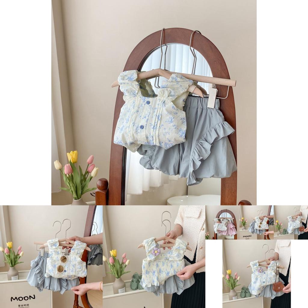 Cute Sweetheart Blue Floral Sleeveless Top And Short Pants Baby Girl Set