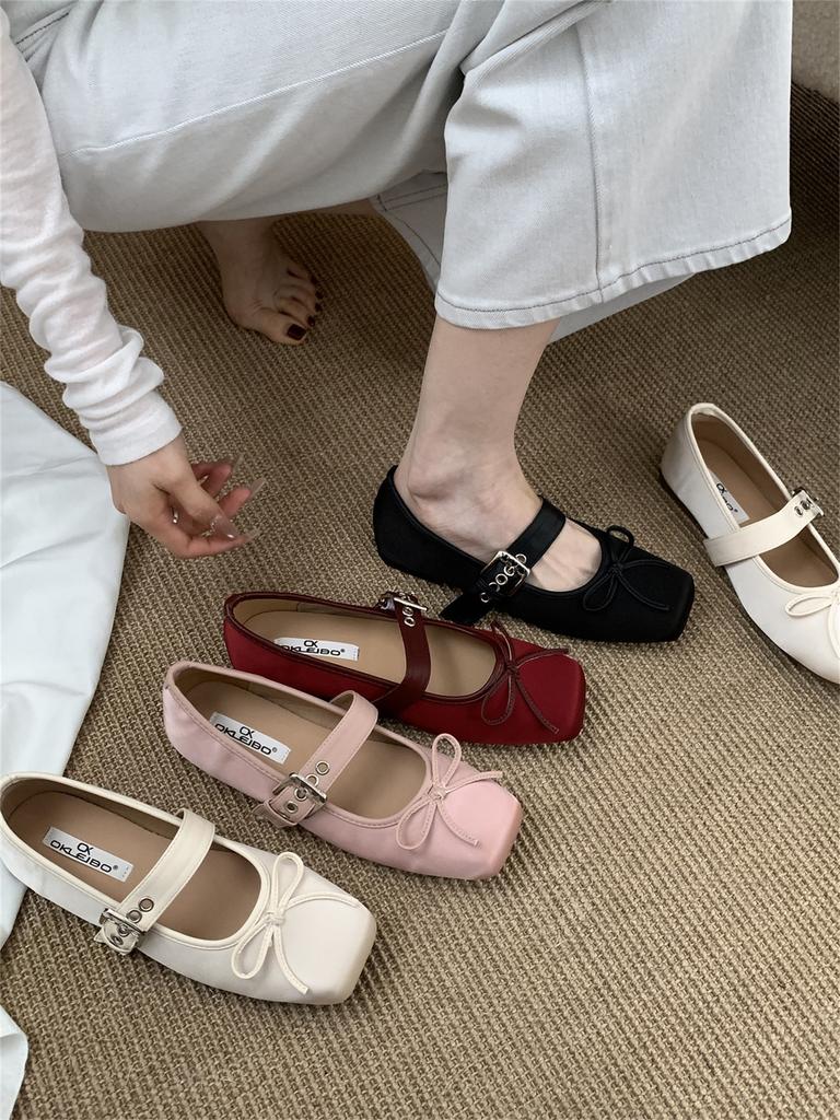 French Retro Satin Square Head Bow Grandma Shoes One-word Buckle with Mary Jane Single Shoes, Sweet Temperament Small Leather Shoes