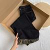 Plus Size Women's Retro High Waist Washed Black Wide Leg Jeans, Straight Floor-Length, Spring Collection.