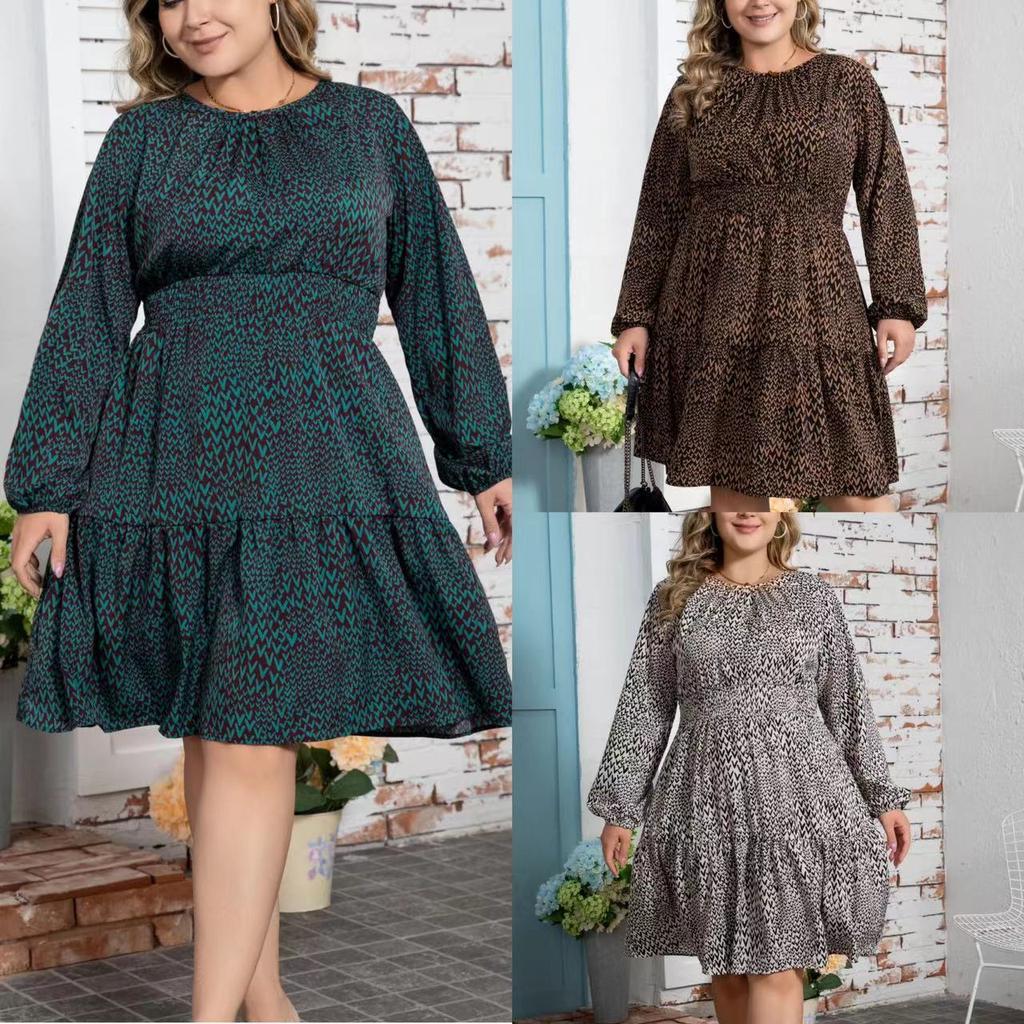 Spring and Autumn Women's Dress Plus Size Printed Long Sleeve Dresses