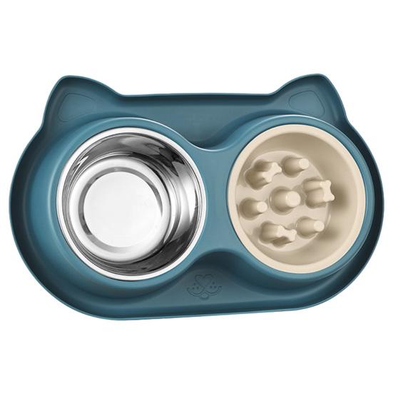 Yousheng Double Bowls Pet Feeder, Slow Feeder Bowl And Stainless Steel Bowl, Spill-Proof Anti-Slip Water And Food Bowl Set for Indoor Cats Dogs